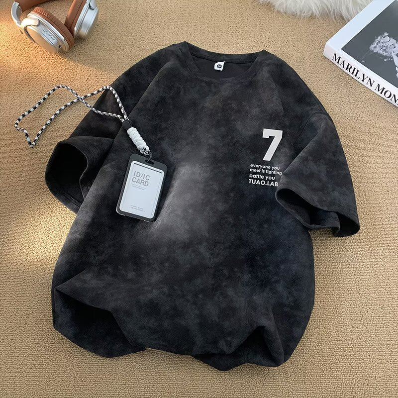 Men Retro Casual Short Sleeve T Shirt Round Neck Loose Fit Digital Pattern