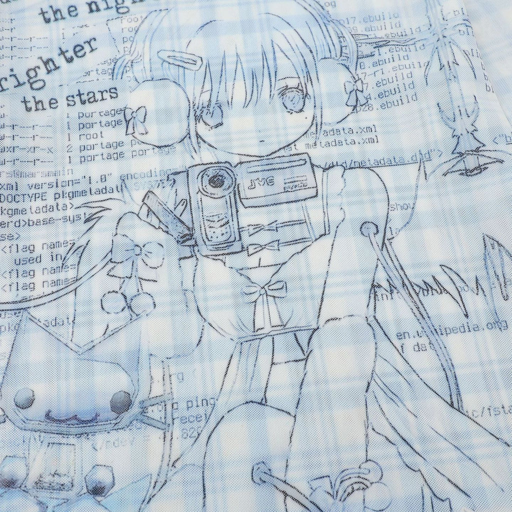 Blue Plaid Patchwork Anime Cartoon Hoodie For Girls With Wavy Edge Long Sleeve