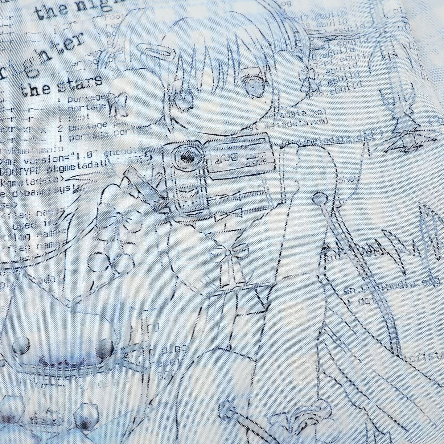 Blue Plaid Patchwork Anime Cartoon Hoodie For Girls With Wavy Edge Long Sleeve