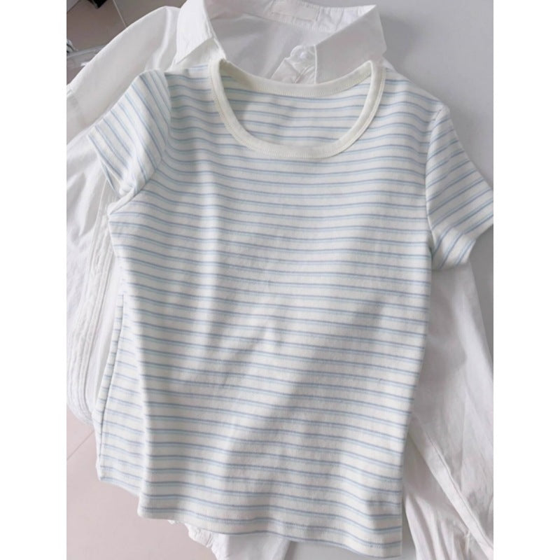 Womens Blue White Striped Cotton Short Sleeve T Shirt Round Neck Regular Fit