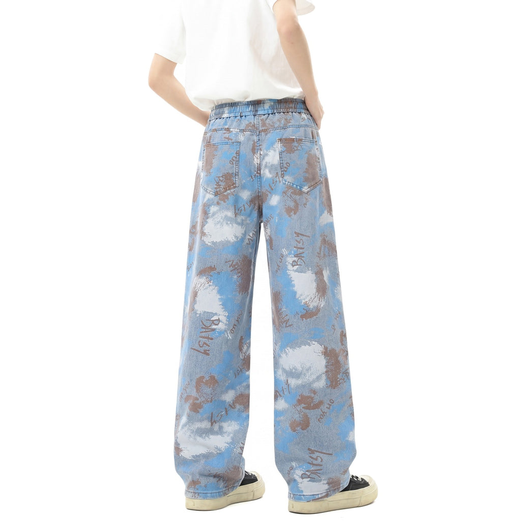 Lyocell Ice Silk Jeans With Patterned Drawstring Waist Straight Leg Loose Fit