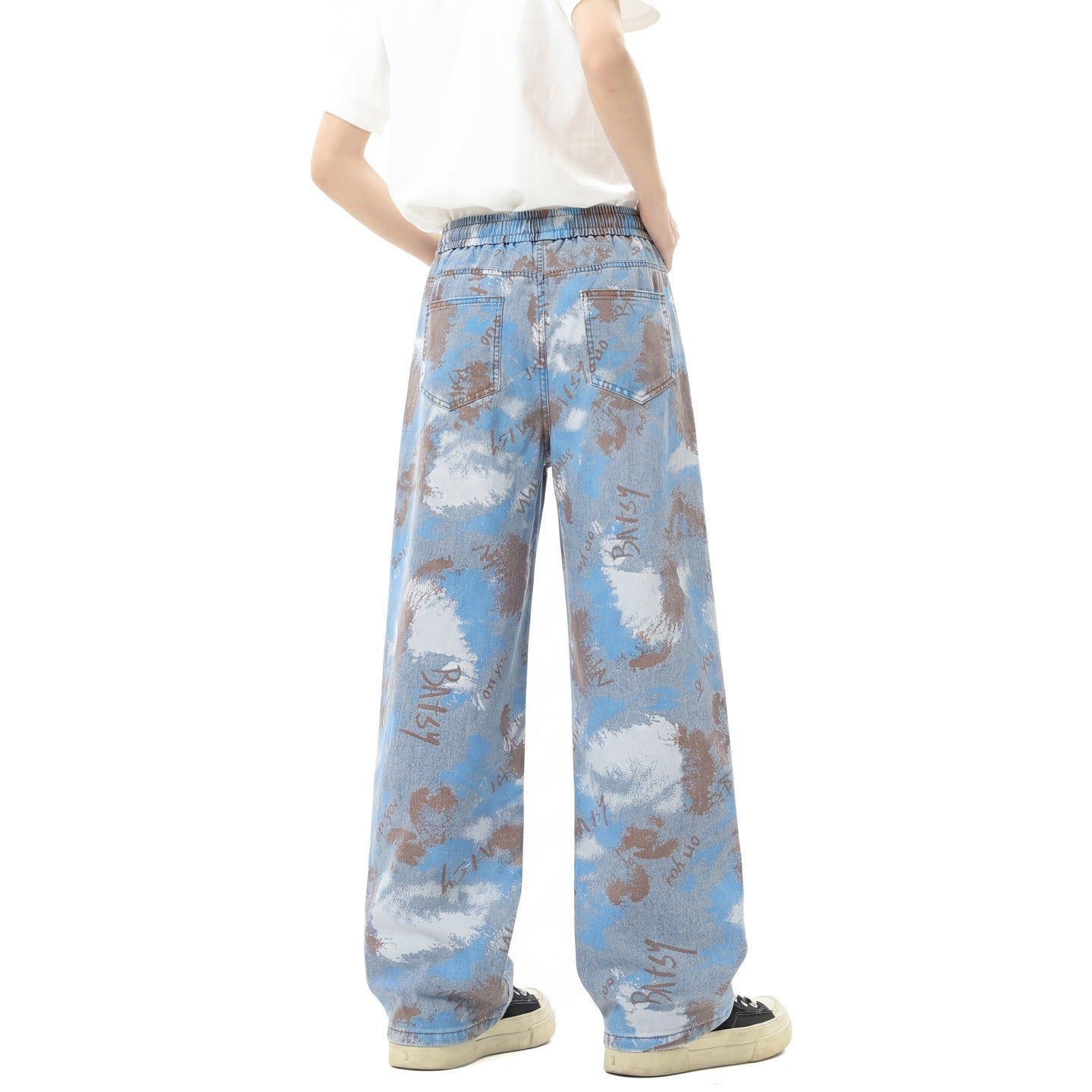 Lyocell Ice Silk Jeans With Patterned Drawstring Waist Straight Leg Loose Fit