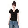 V Neck Knot Design Off Shoulder Tee Women Slim Fit Summer Top