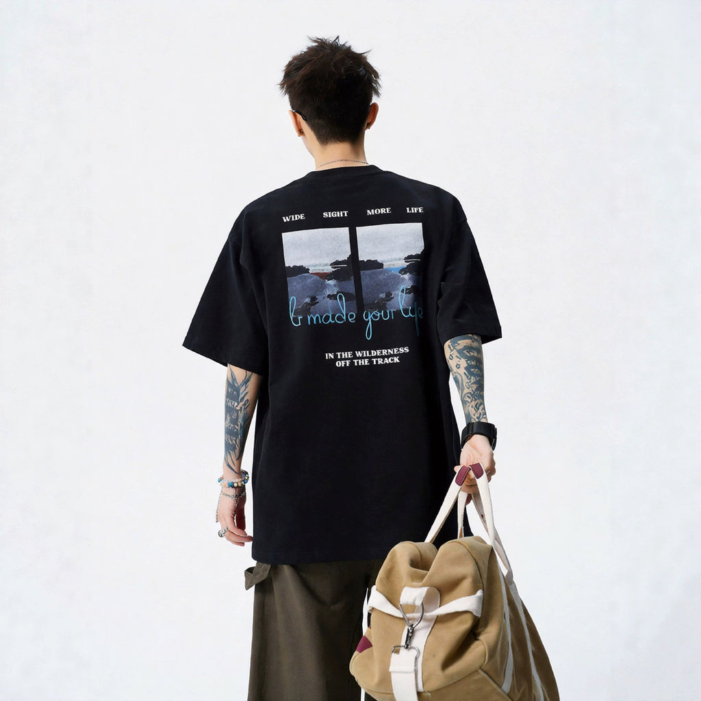 Mens Hong Kong Style Letter Print Short Sleeve T Shirt Loose Fit