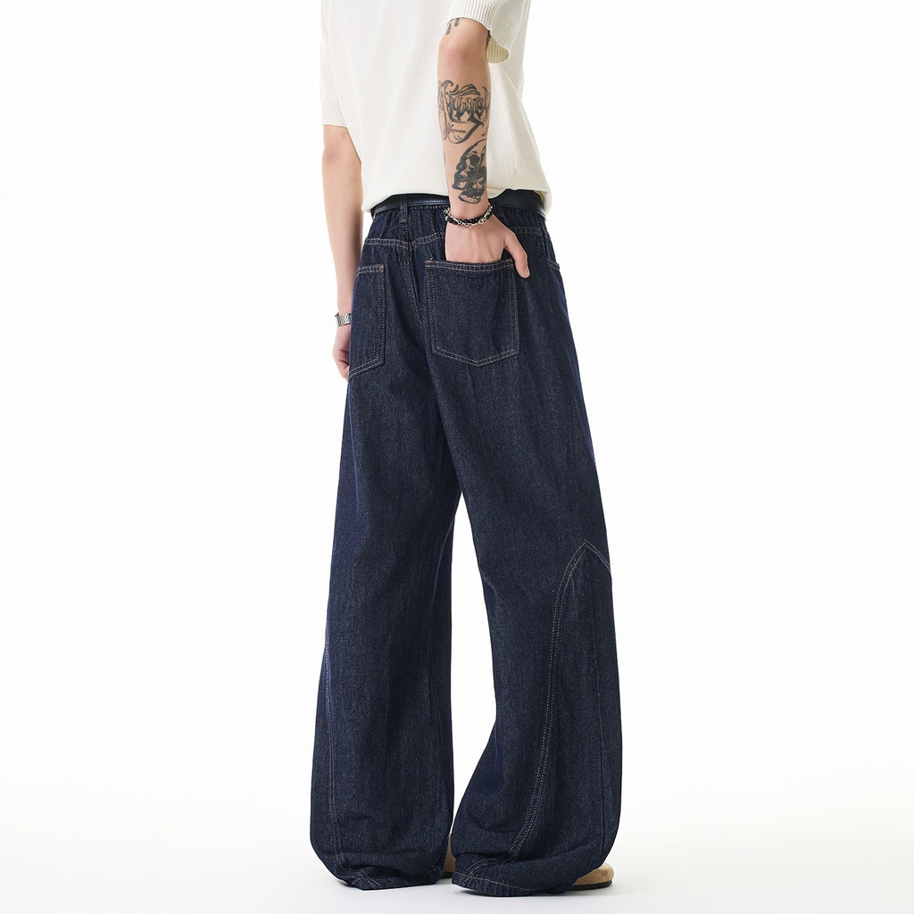 Mens Wide Leg Jeans Black Cotton Denim Streetwear Embroidered Loose Fit