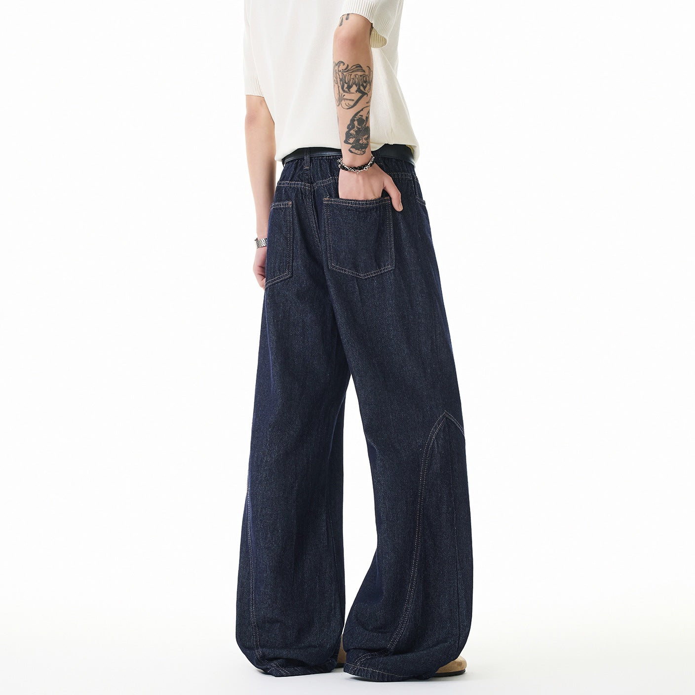 Mens Wide Leg Jeans Black Cotton Denim Streetwear Embroidered Loose Fit
