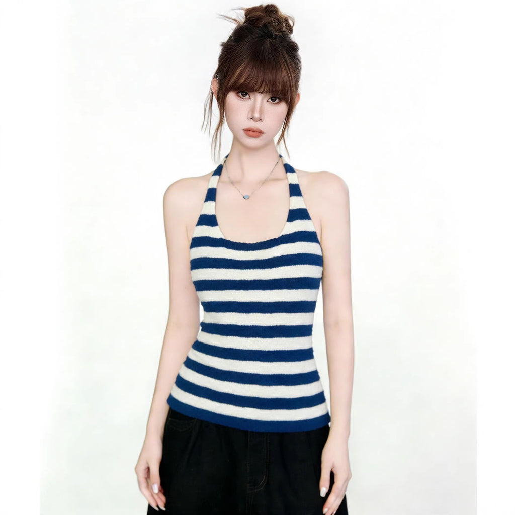 Blue and White Stripe Knit Halter Crop Top for Women Sleeveless Vest