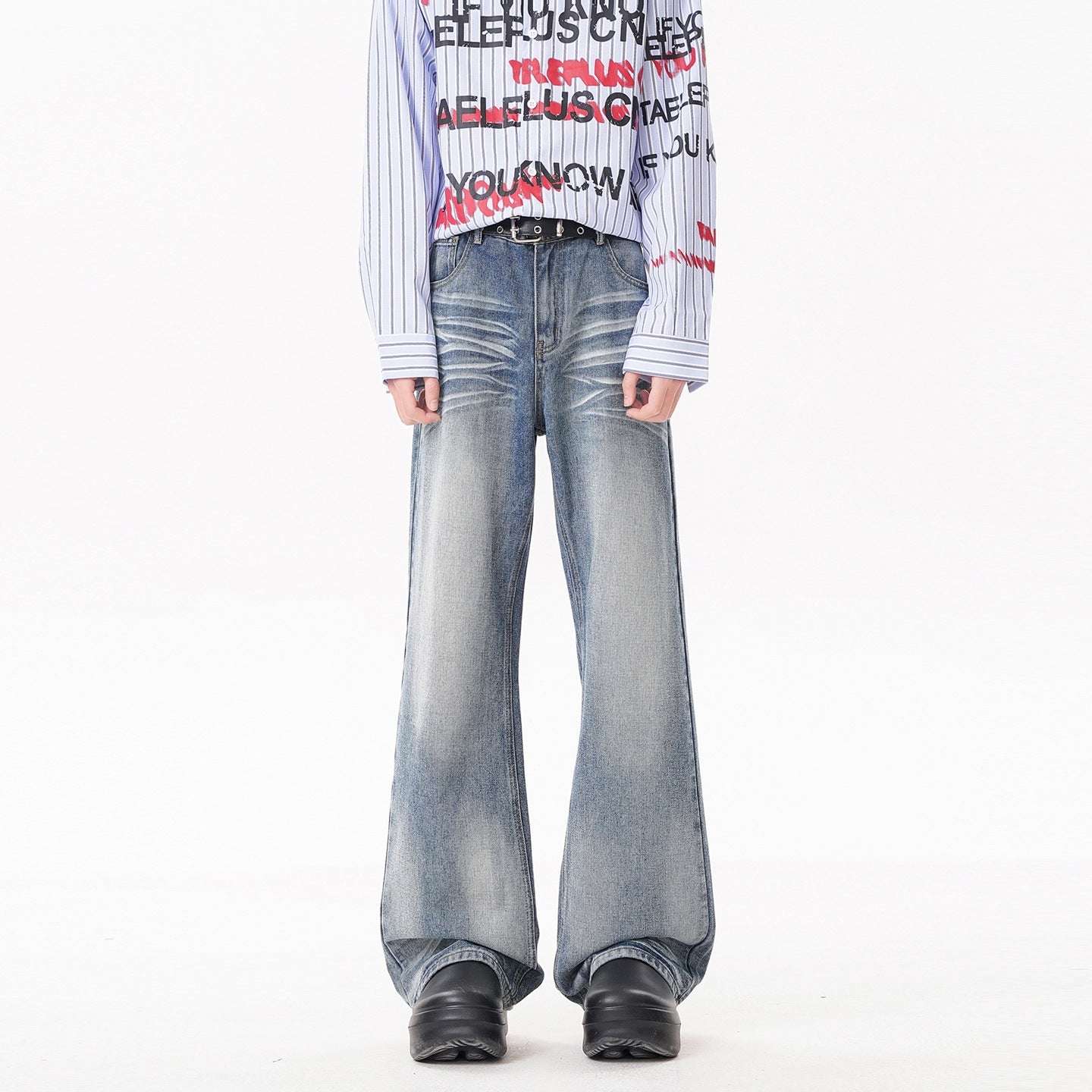 Retro Cat Paw Print Washed Denim Pants With Straight Leg