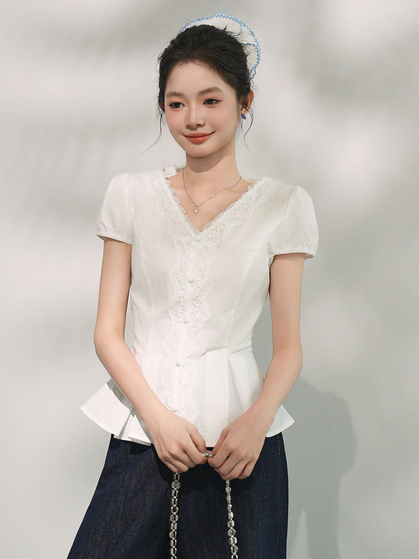 Elegant V Neck Lace Trim Short Sleeve Blouse White For Women