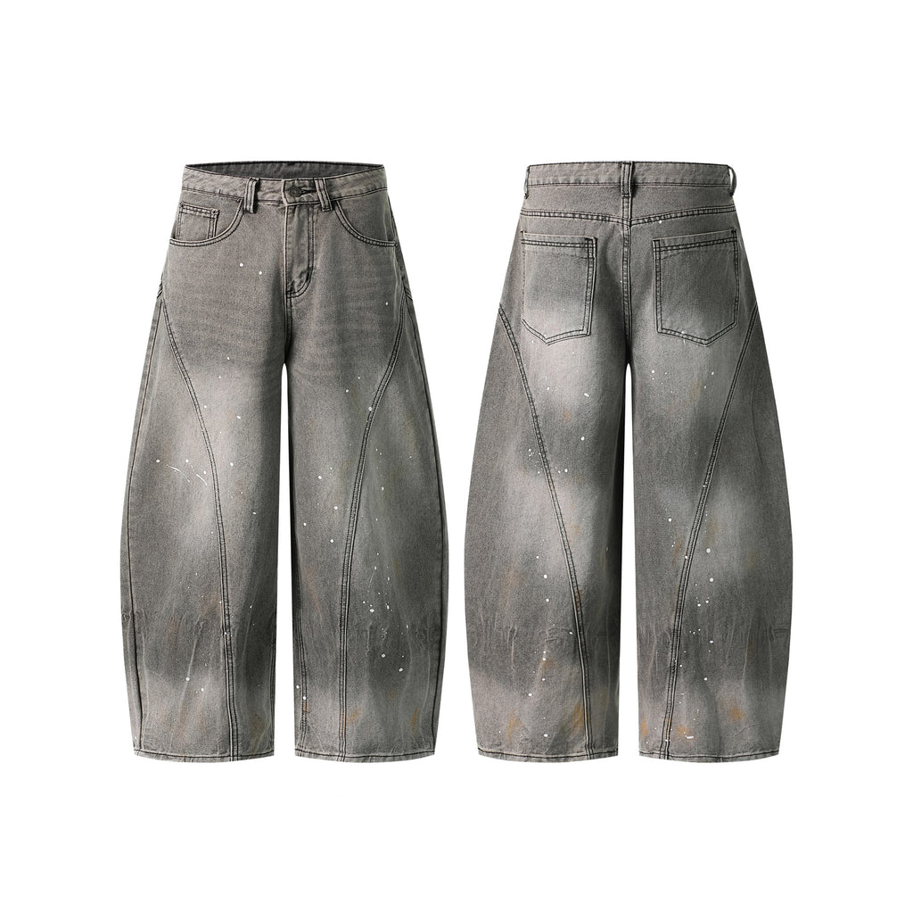 Gradient Splatter Denim Patchwork Wide Leg Pants With Heavy Wash And High Waist