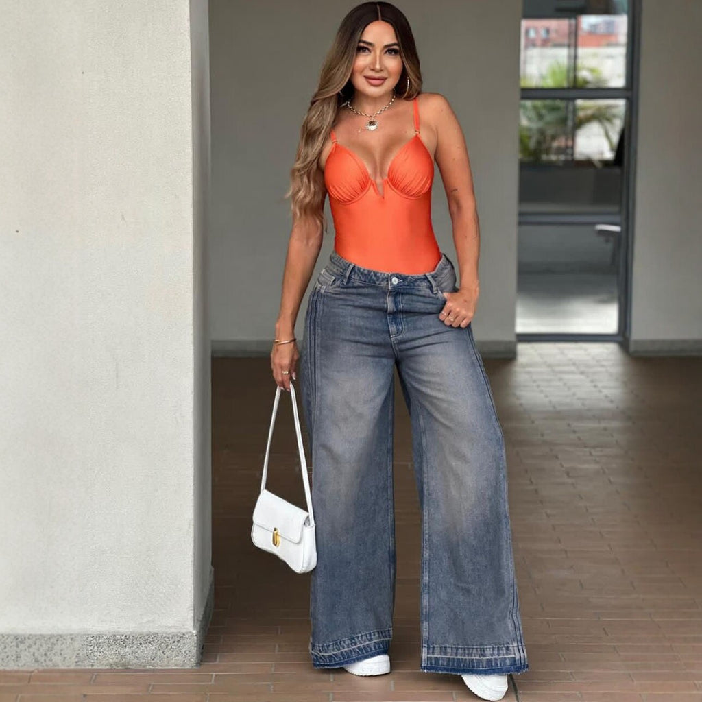 Womens High Waisted Wide Leg Jeans With Side Stripes Retro Denim
