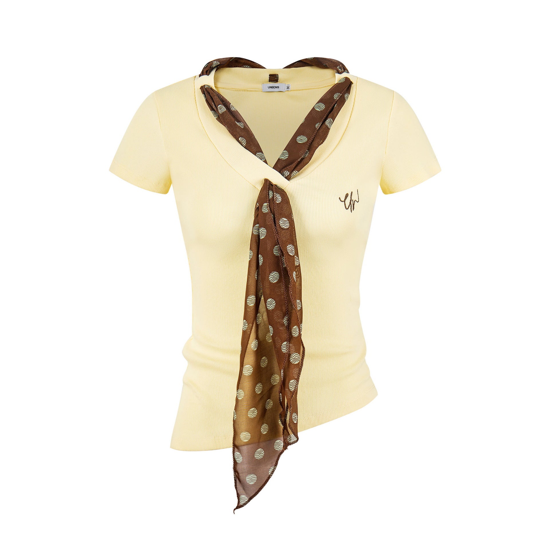 Ribbon V Neck Short Sleeve T Shirt Women Embroidered Cotton Blend Top