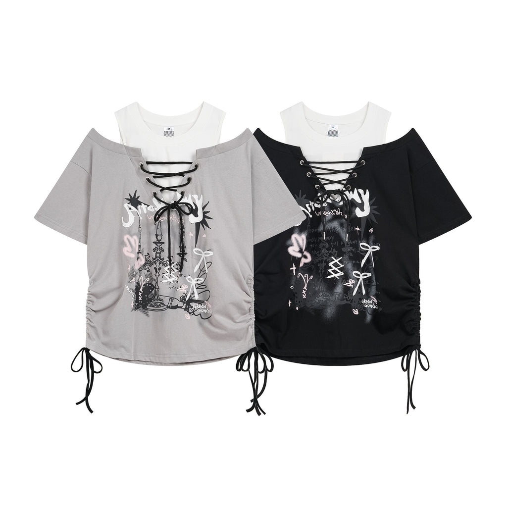 Graffiti Print Off Shoulder T Shirt Women Drawstring Geometric Short Sleeve