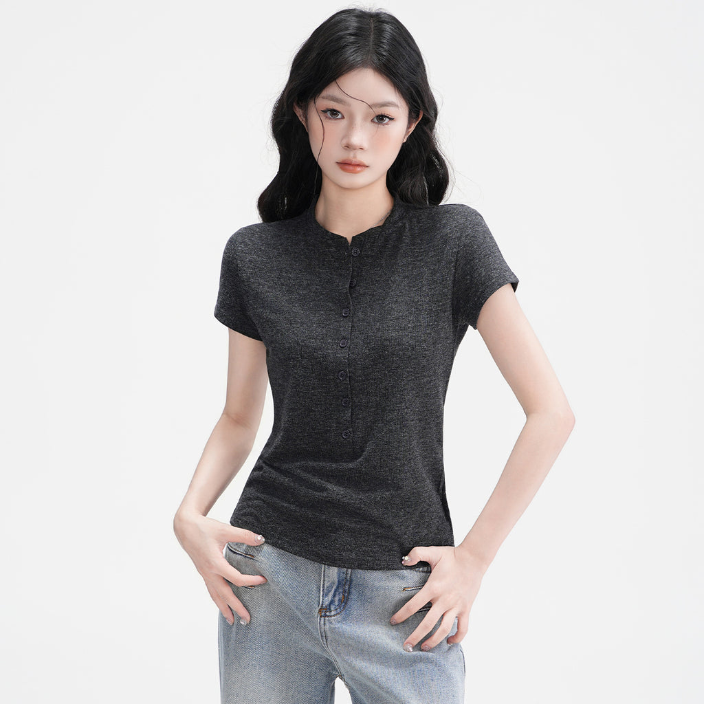 Elegant Half Open Collar Buttoned Shoulder Short Sleeve T Shirt For Women