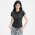 Elegant Half Open Collar Buttoned Shoulder Short Sleeve T Shirt For Women