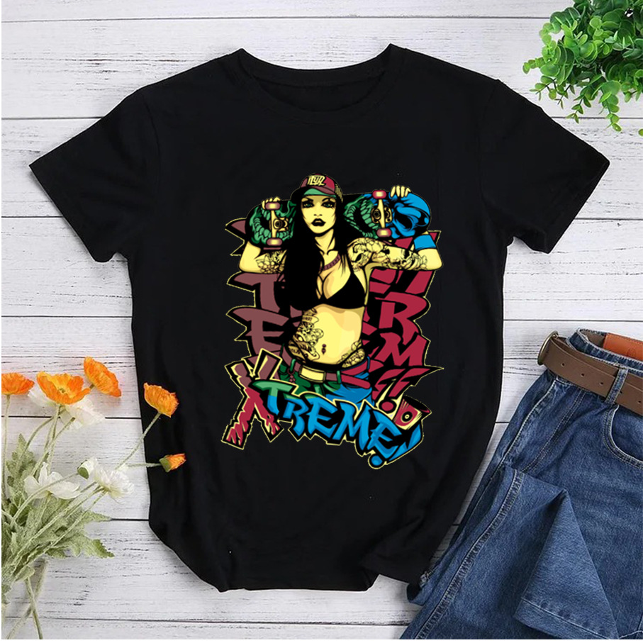 Black Printed Round Neck Pullover T Shirt For Women Polyester Street Style