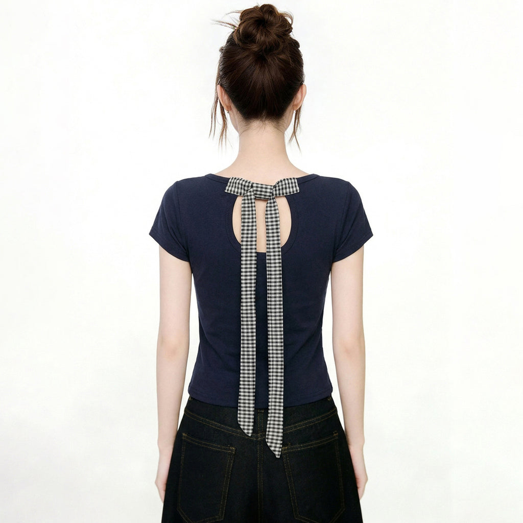 Spicy Girl Back Cutout Bow Tie Short Sleeve T Shirt Slim Fit Navy Blue