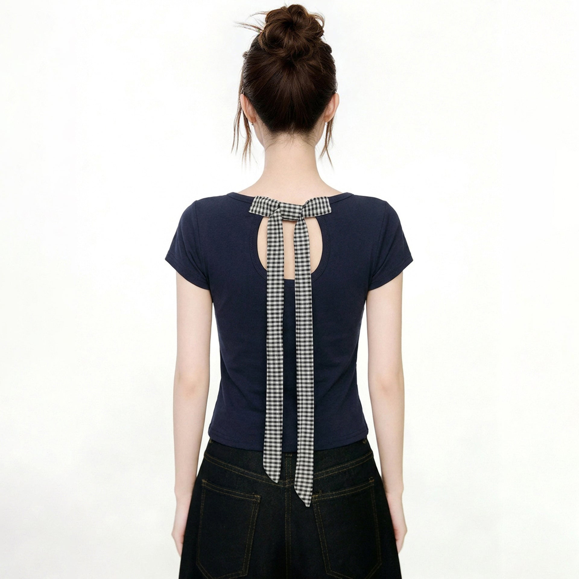 Spicy Girl Back Cutout Bow Tie Short Sleeve T Shirt Slim Fit Navy Blue