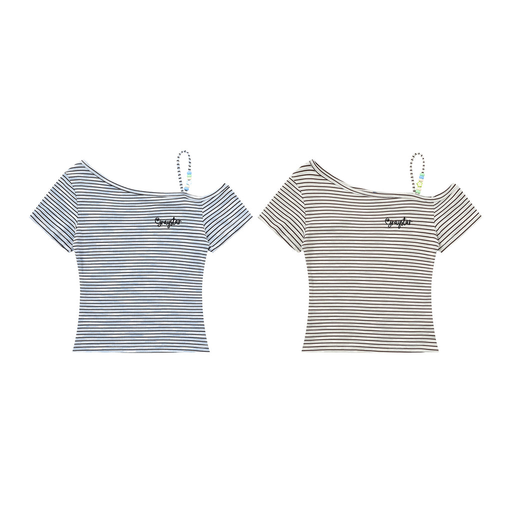 Blue Off Shoulder T Shirt With Beaded Strap Slimming Fit Animal Print Unisex