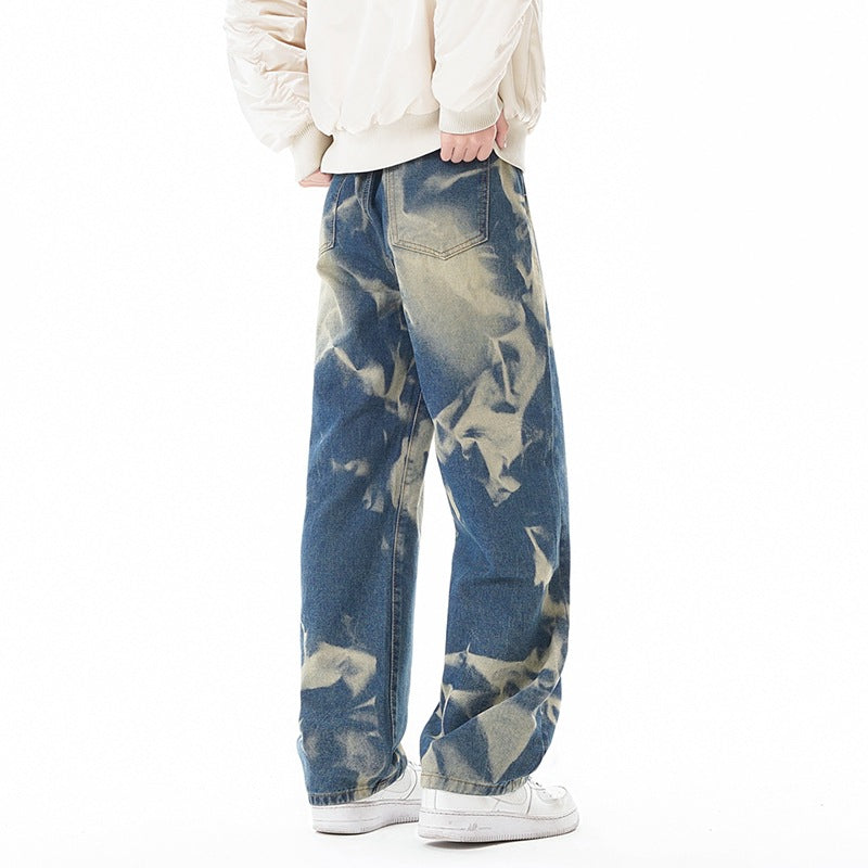 Mens Gray Green Camouflage Denim Pants Street Style Loose Fit