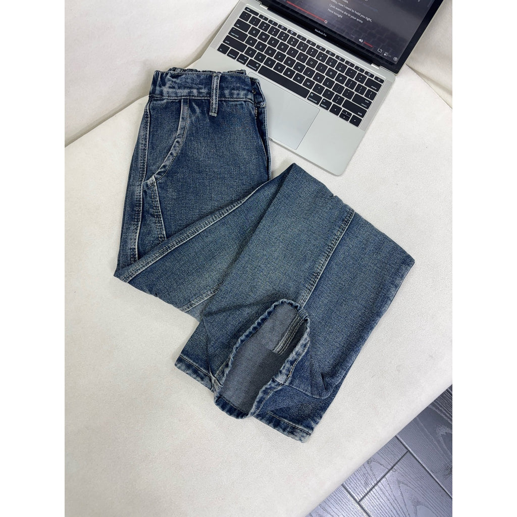 Mens Lightning Pattern Washed Denim Pants Straight Leg Jeans