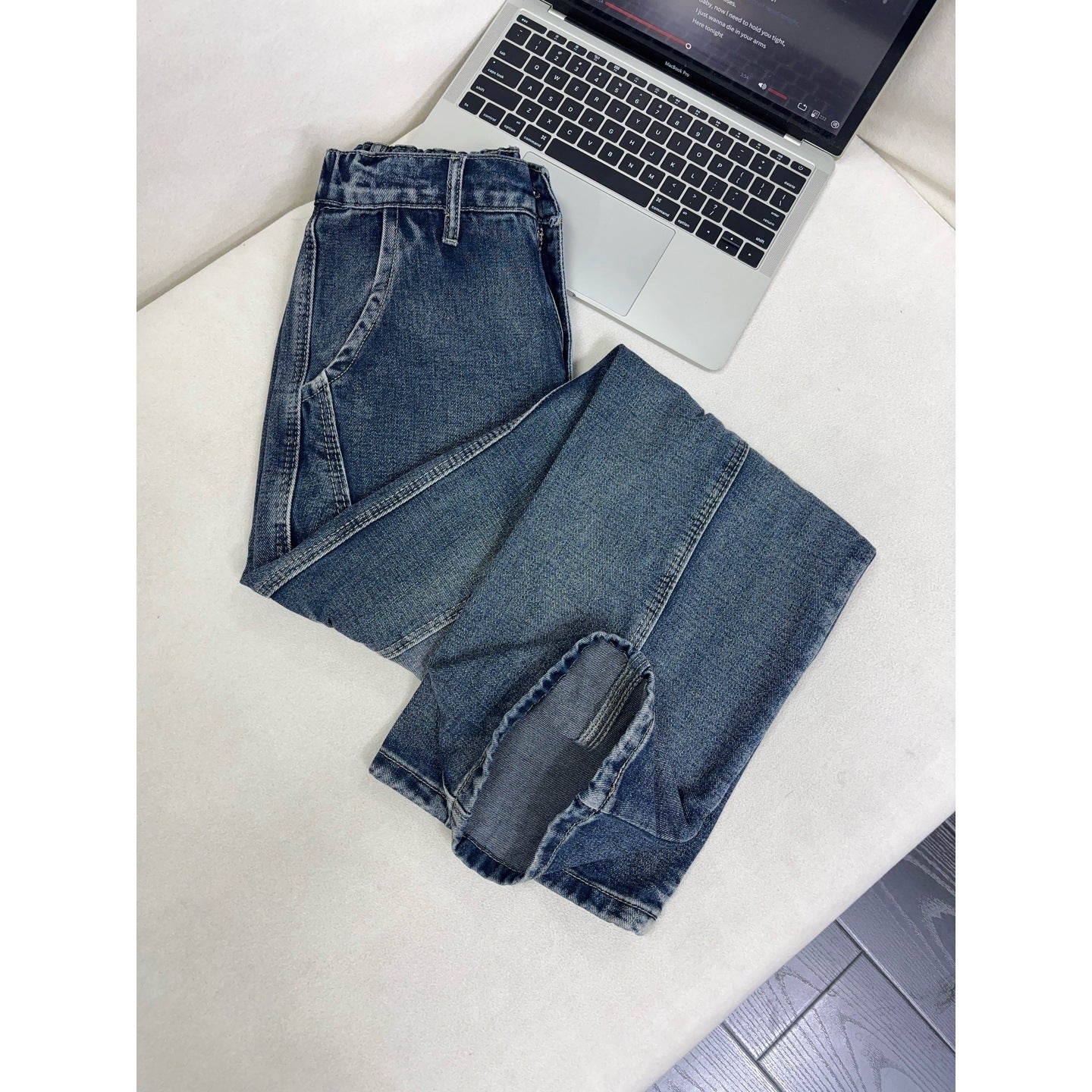 Mens Lightning Pattern Washed Denim Pants Straight Leg Jeans