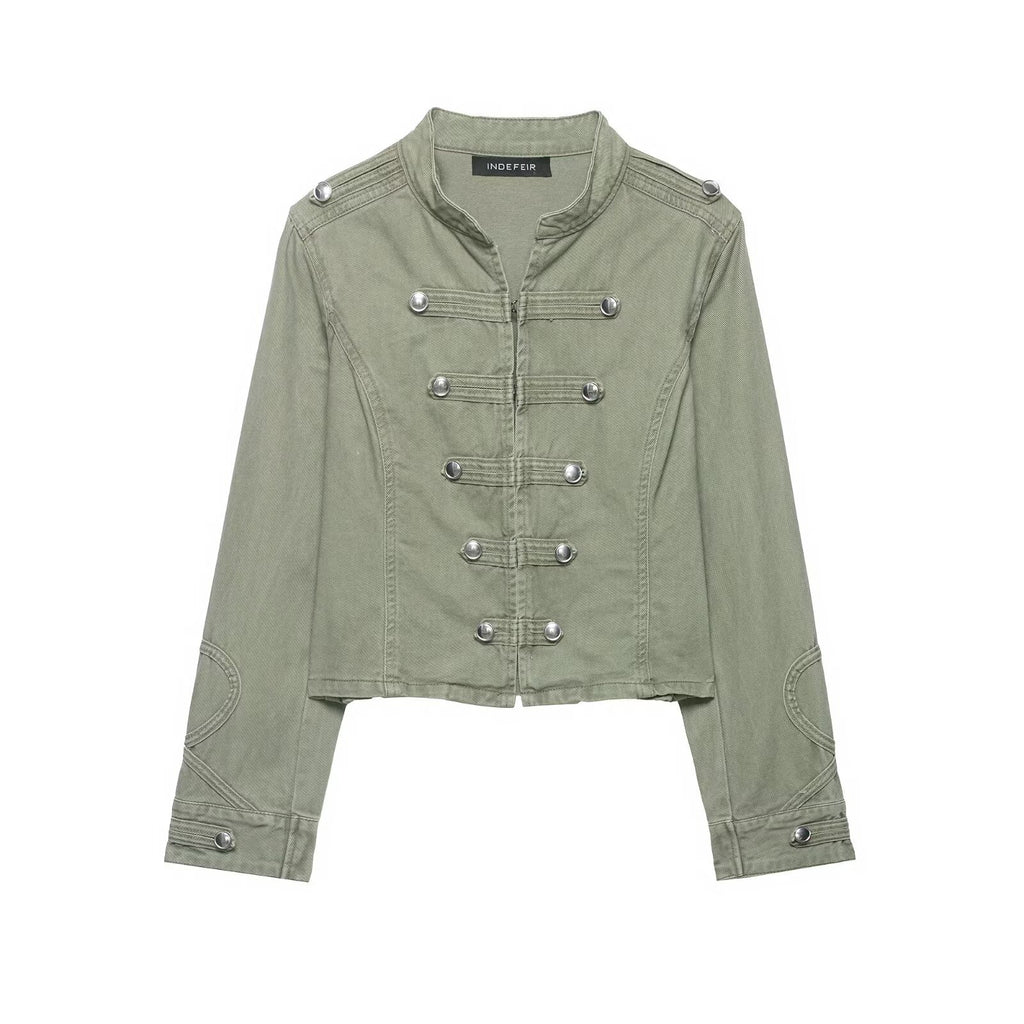 Army Green Women Street Style Slim Fit Button Trim Jacket Double Breasted