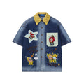 Cartoon Sticker Denim Short Sleeve Shirt Loose Fit With Turn Down Collar