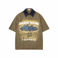 Coffee Brown Loose Fit Embroidered Short Sleeve Cotton Shirt With Flip Collar