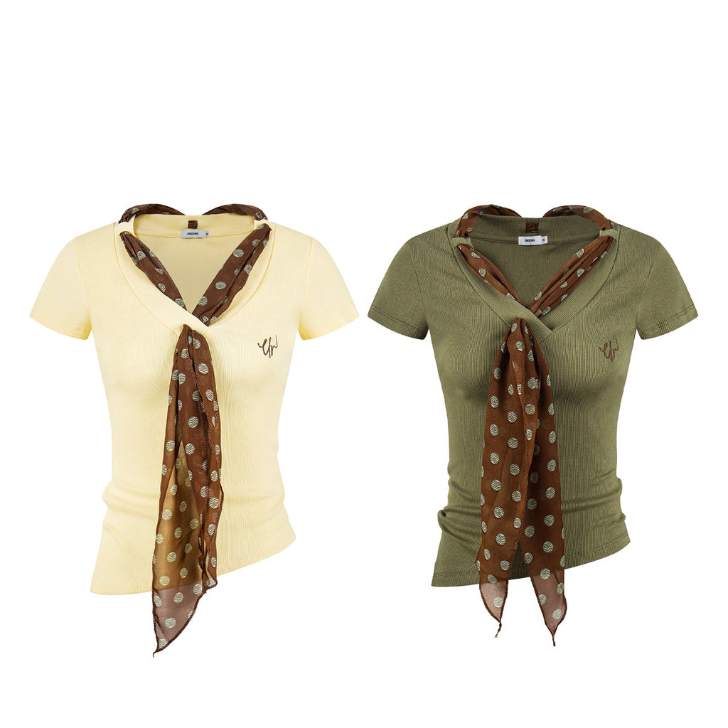 Ribbon V Neck Short Sleeve T Shirt Women Embroidered Cotton Blend Top