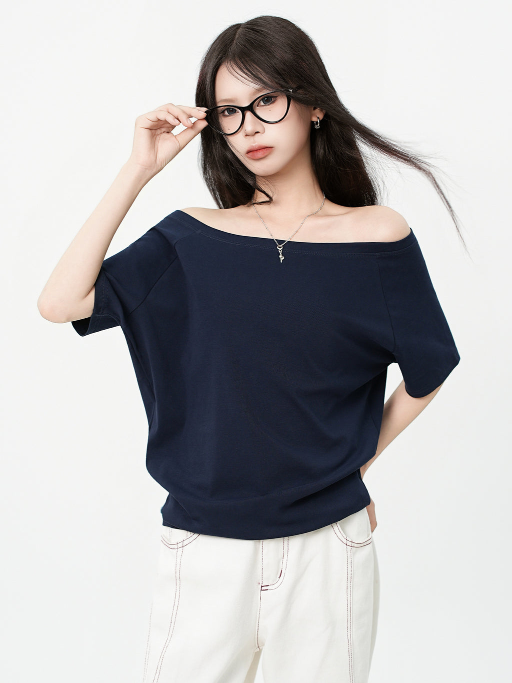 One Shoulder Asymmetrical Patchwork Top Cotton Short Sleeve Relaxed Fit