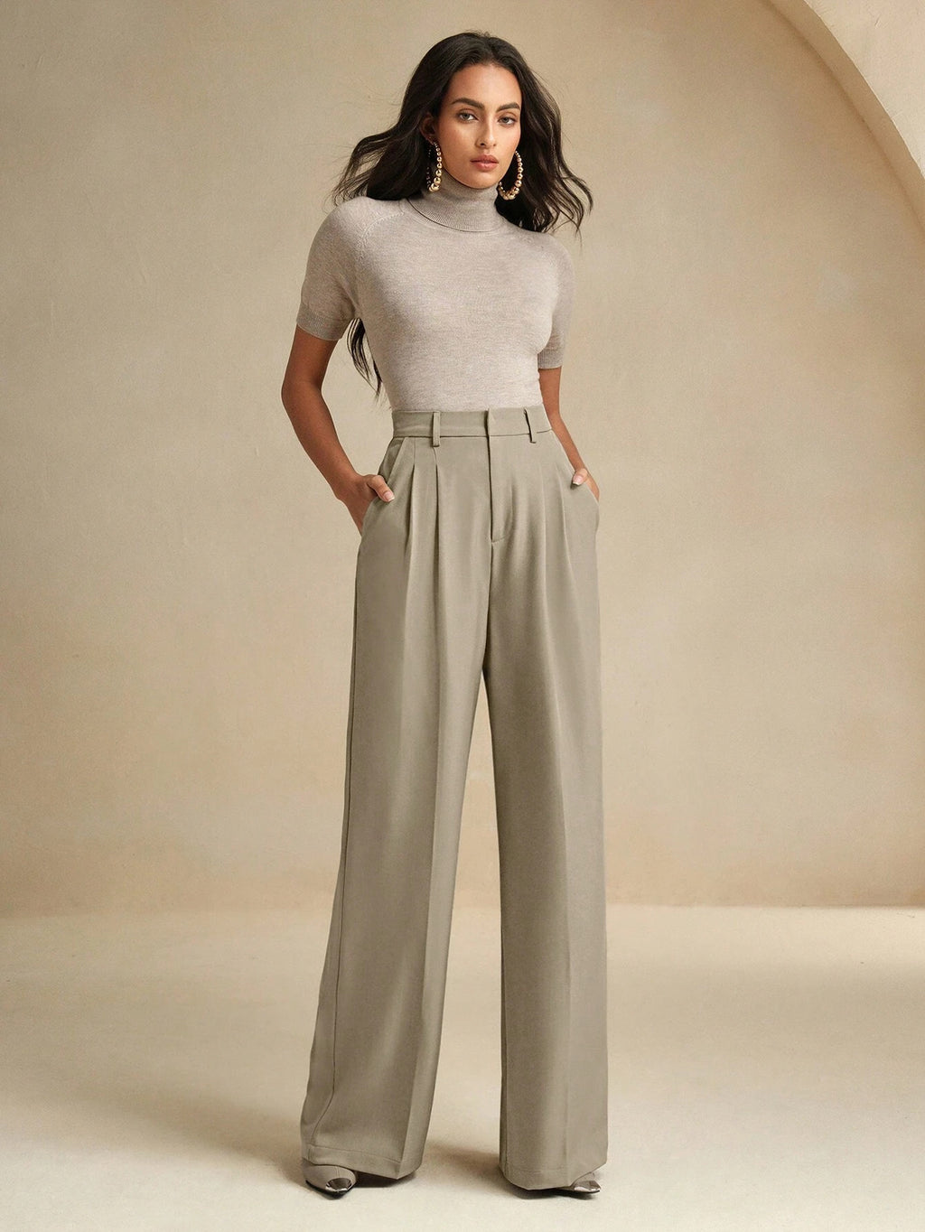 Women Loose Straight Leg Suit Pants Mid Waist Polyester Casual Wear