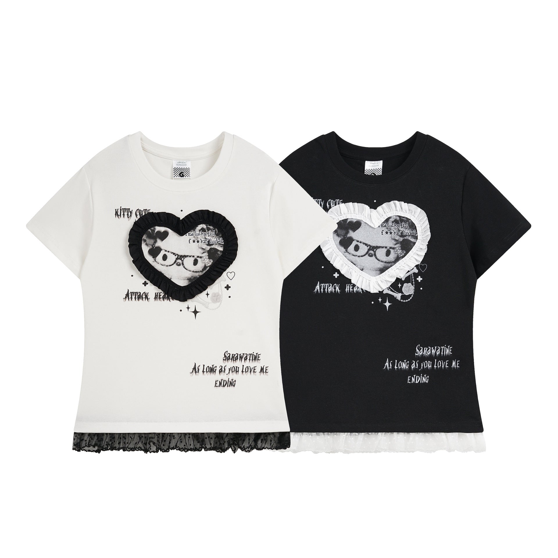 Harajuku Cotton Blend Lace Trim Hem Short Sleeve Tee With Color Block Edge