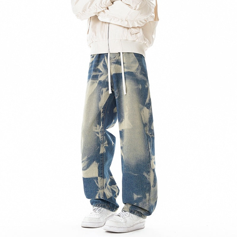 Mens Gray Green Camouflage Denim Pants Street Style Loose Fit