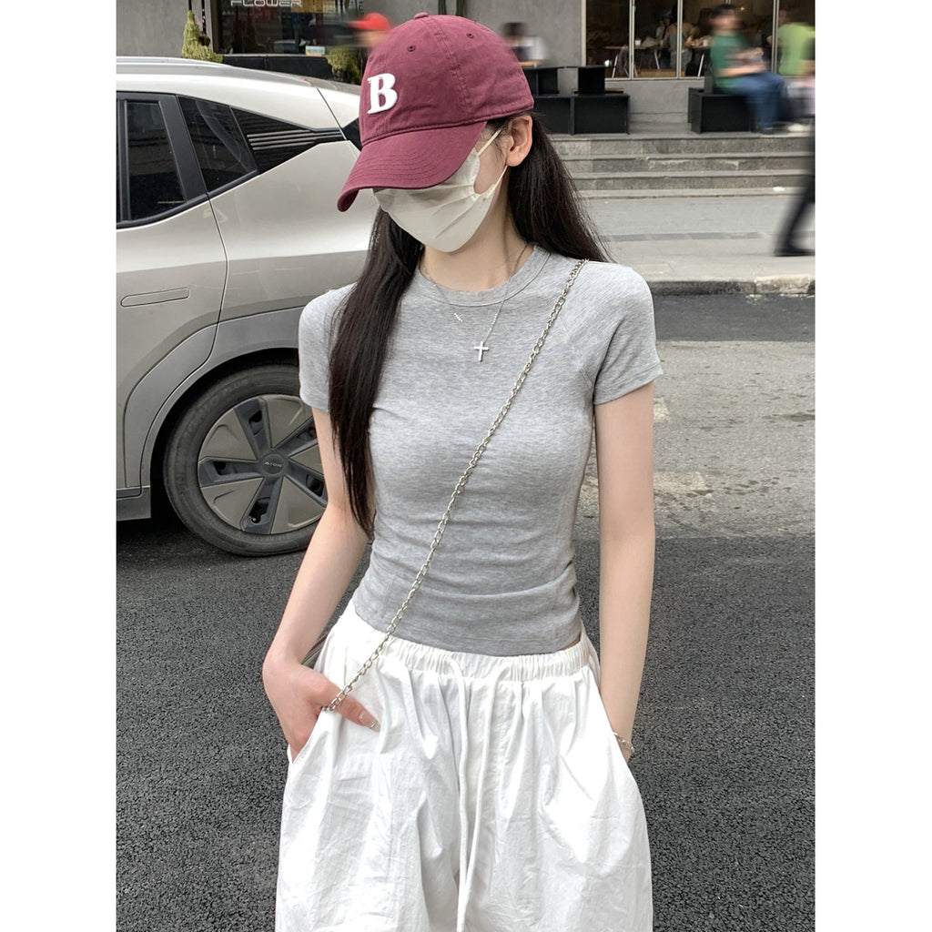 Womens Cotton Round Neck Slim Fit Short Sleeve Top Casual Basic Gray