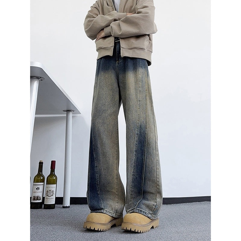 Mens Heavyweight Casual Straight Leg Jeans Vintage Washed Denim Pants