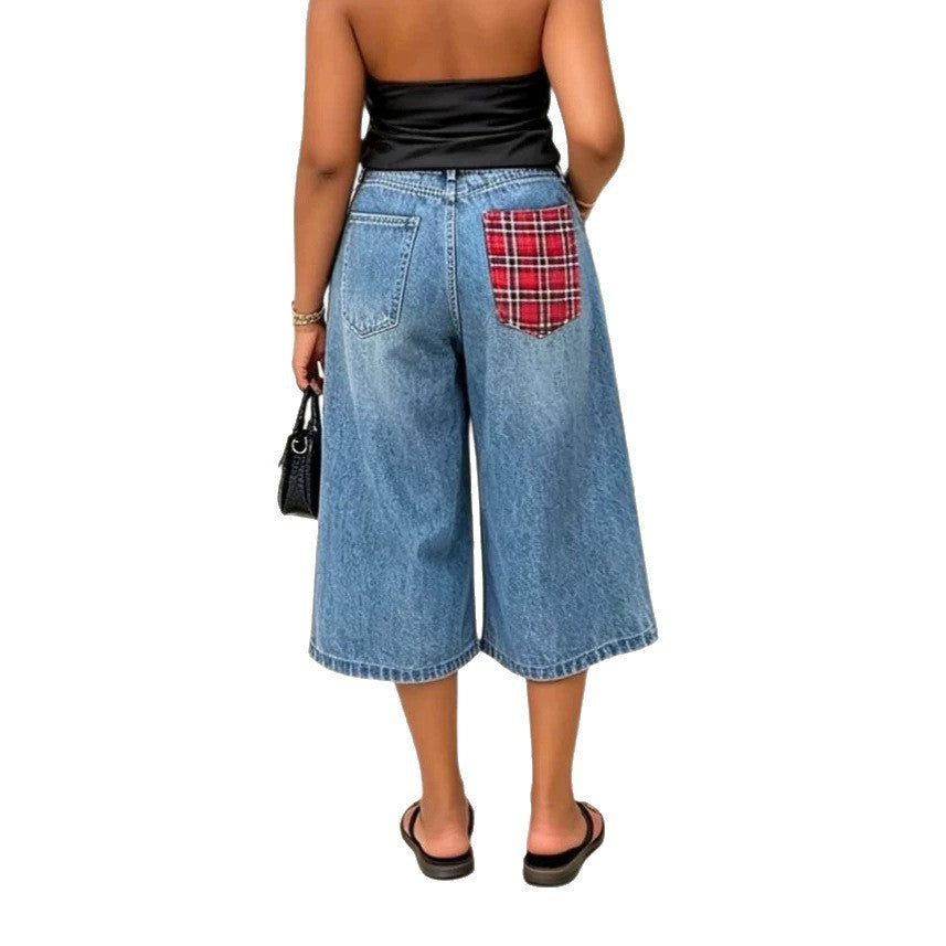 Blue Patchwork Checkered Washed Seven Quarter Denim Pants For Street Fashion