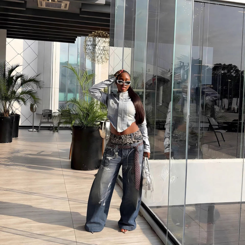 Street Style Leopard Print 3D Printed Denim Pants With Double Waistband