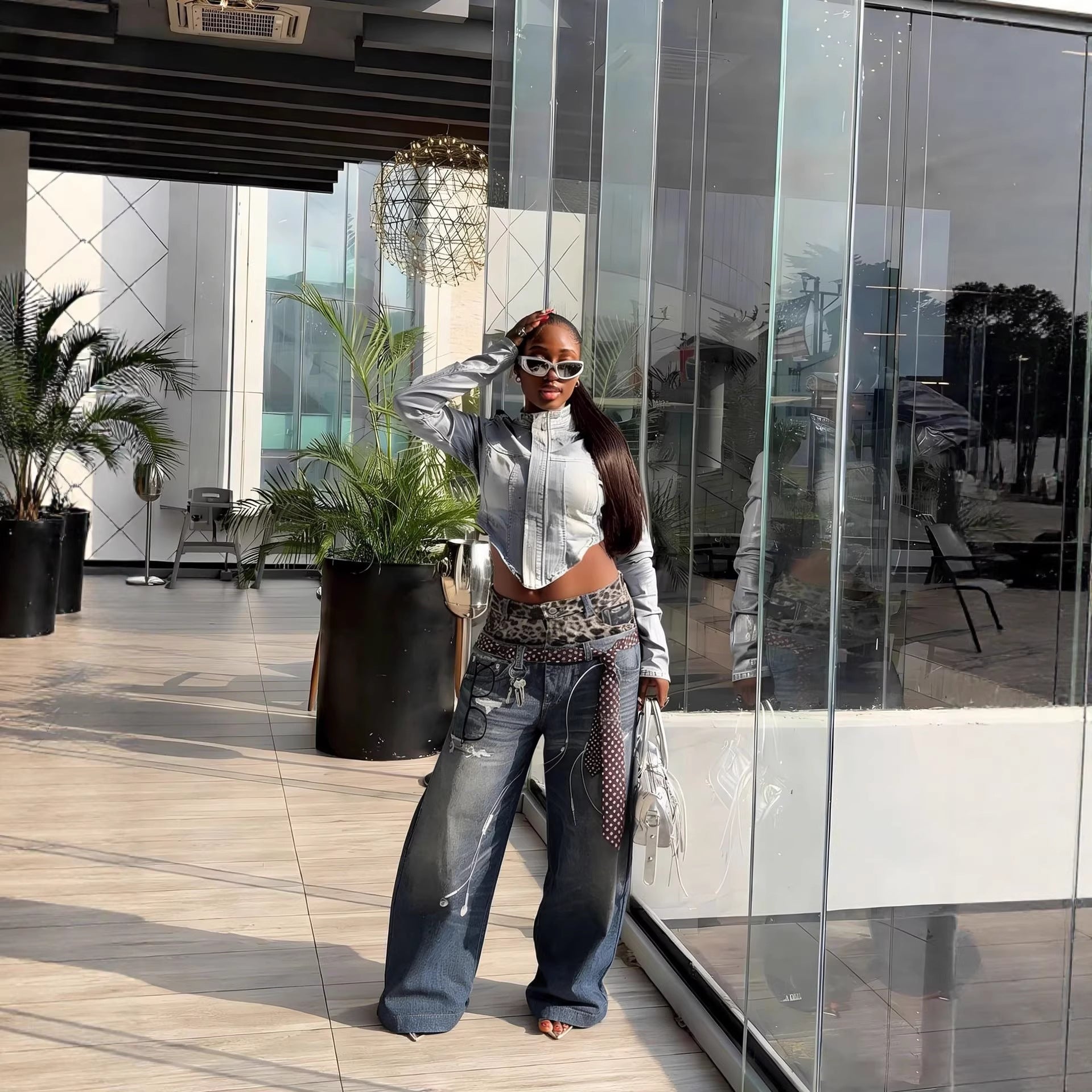 Street Style Leopard Print 3D Printed Denim Pants With Double Waistband