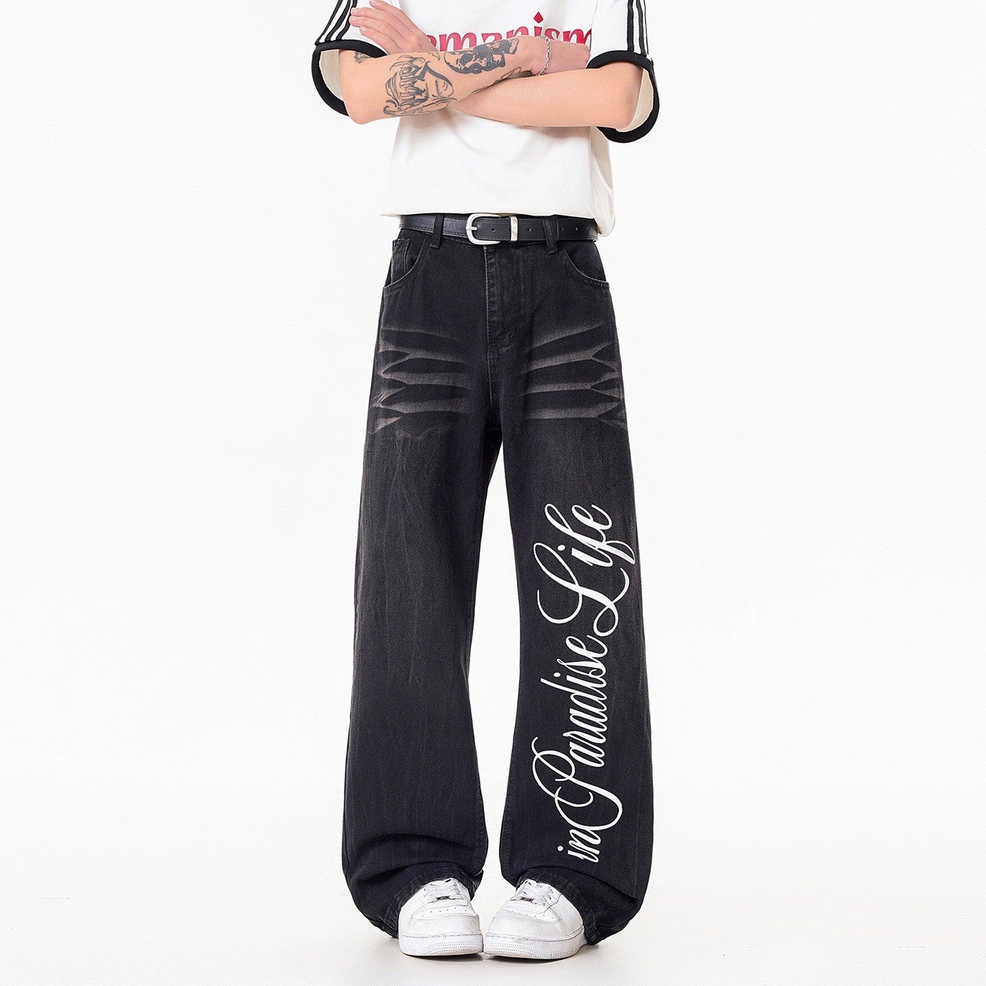 Mens Lightning Pattern Printed Denim Pants With Straight Leg Fit