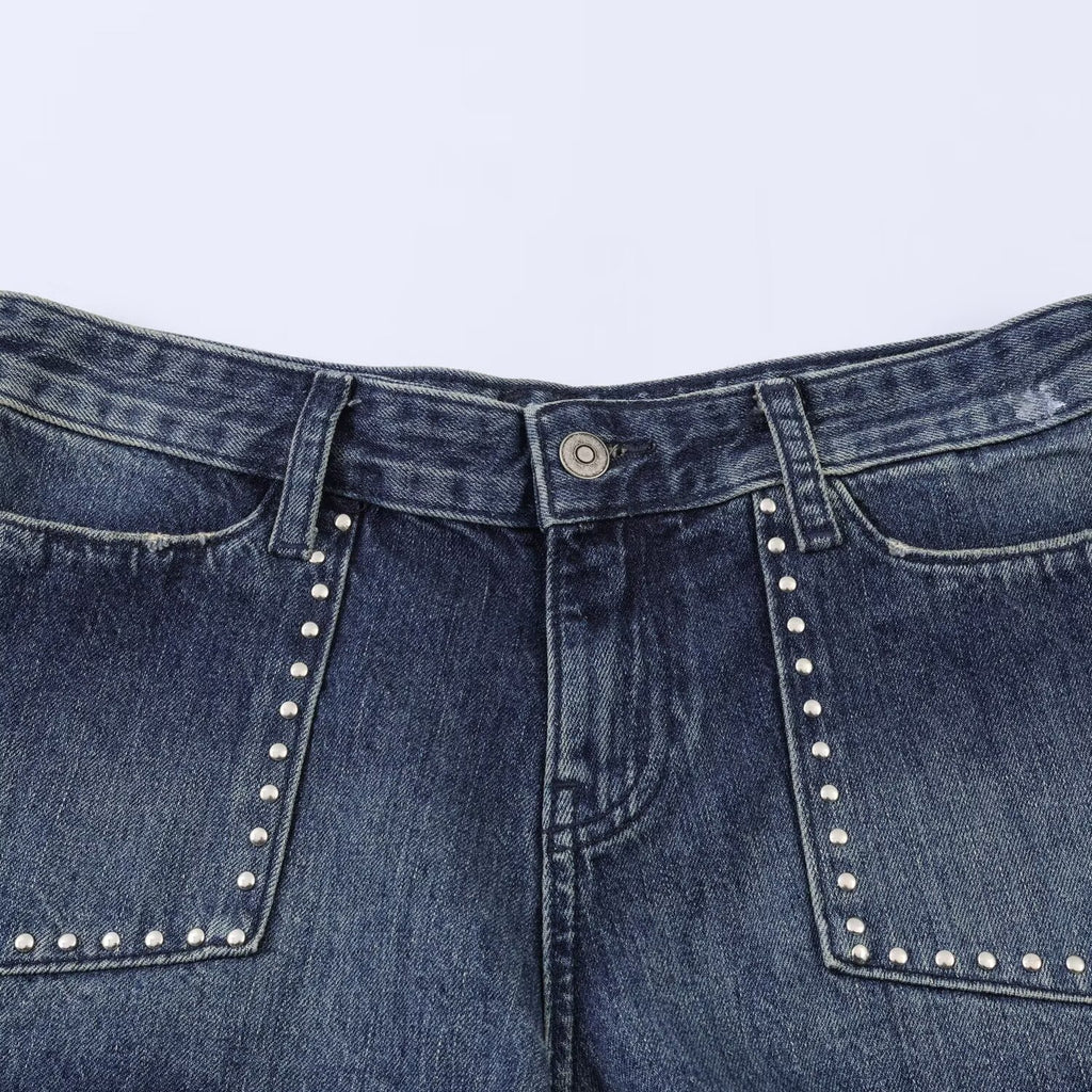 Navy Blue Denim Studded Shorts With Mid Low Waist For Casual Wear