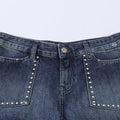 Navy Blue Denim Studded Shorts With Mid Low Waist For Casual Wear