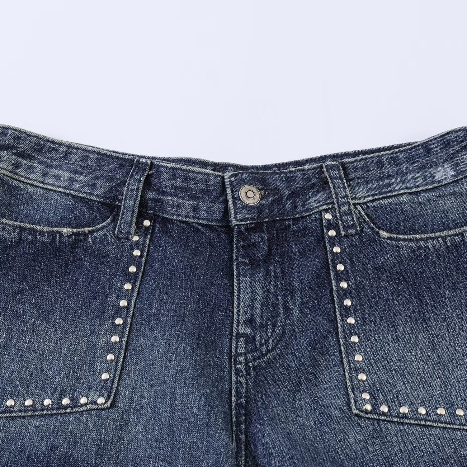 Navy Blue Denim Studded Shorts With Mid Low Waist For Casual Wear