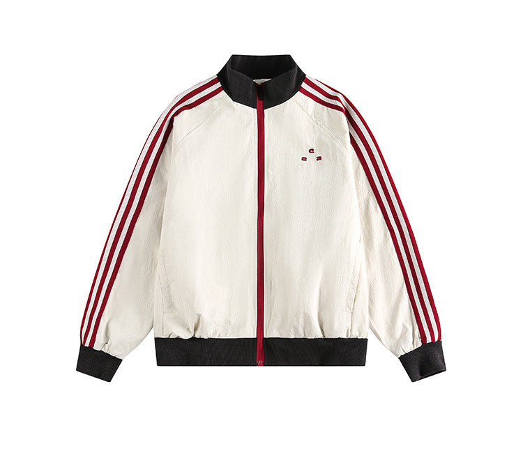 Street Style Colorblock Spliced Jacket Loose Fit With Stand Collar