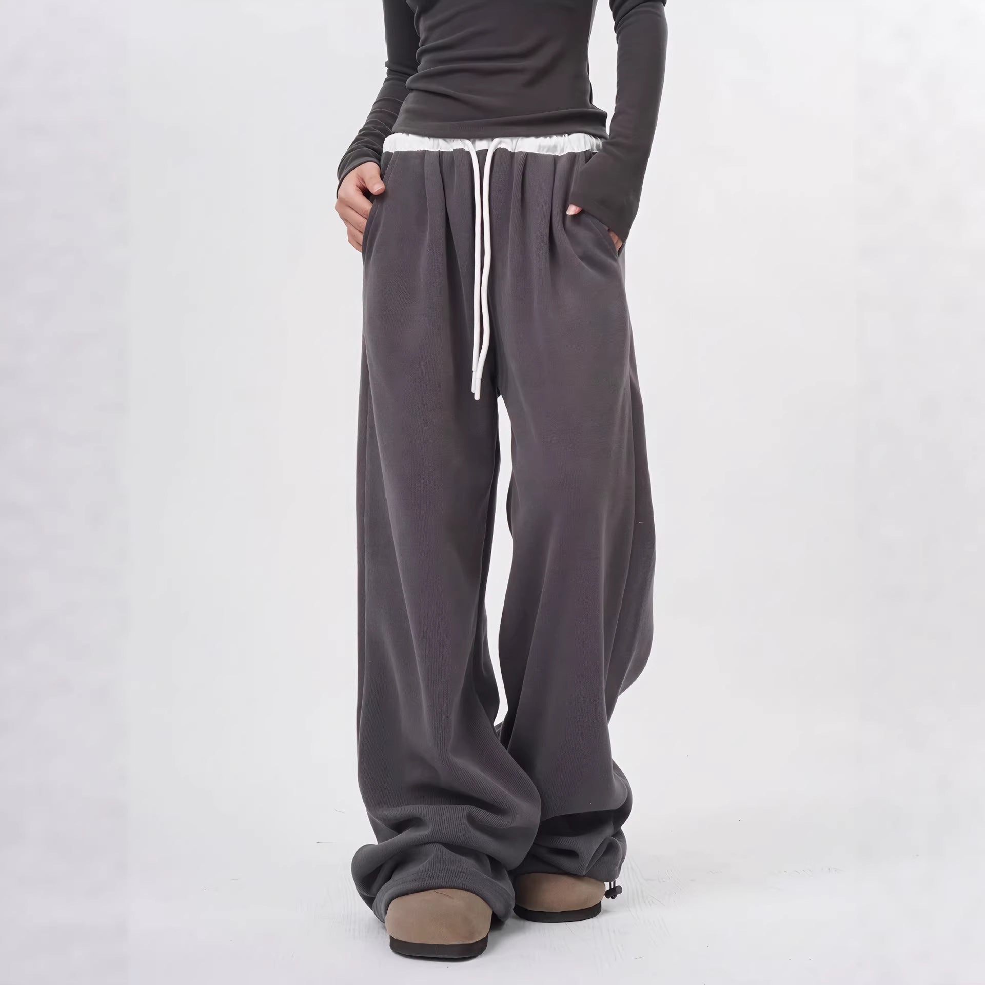 Grey Polyester Wide Leg High Waist Pants With Drape Silhouette