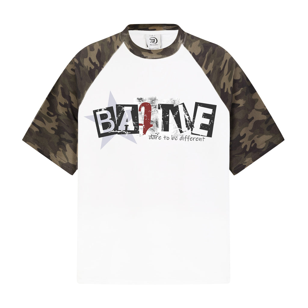 Alphabet Print Camouflage Cotton Loose Fit T Shirt Round Neck Short Sleeve