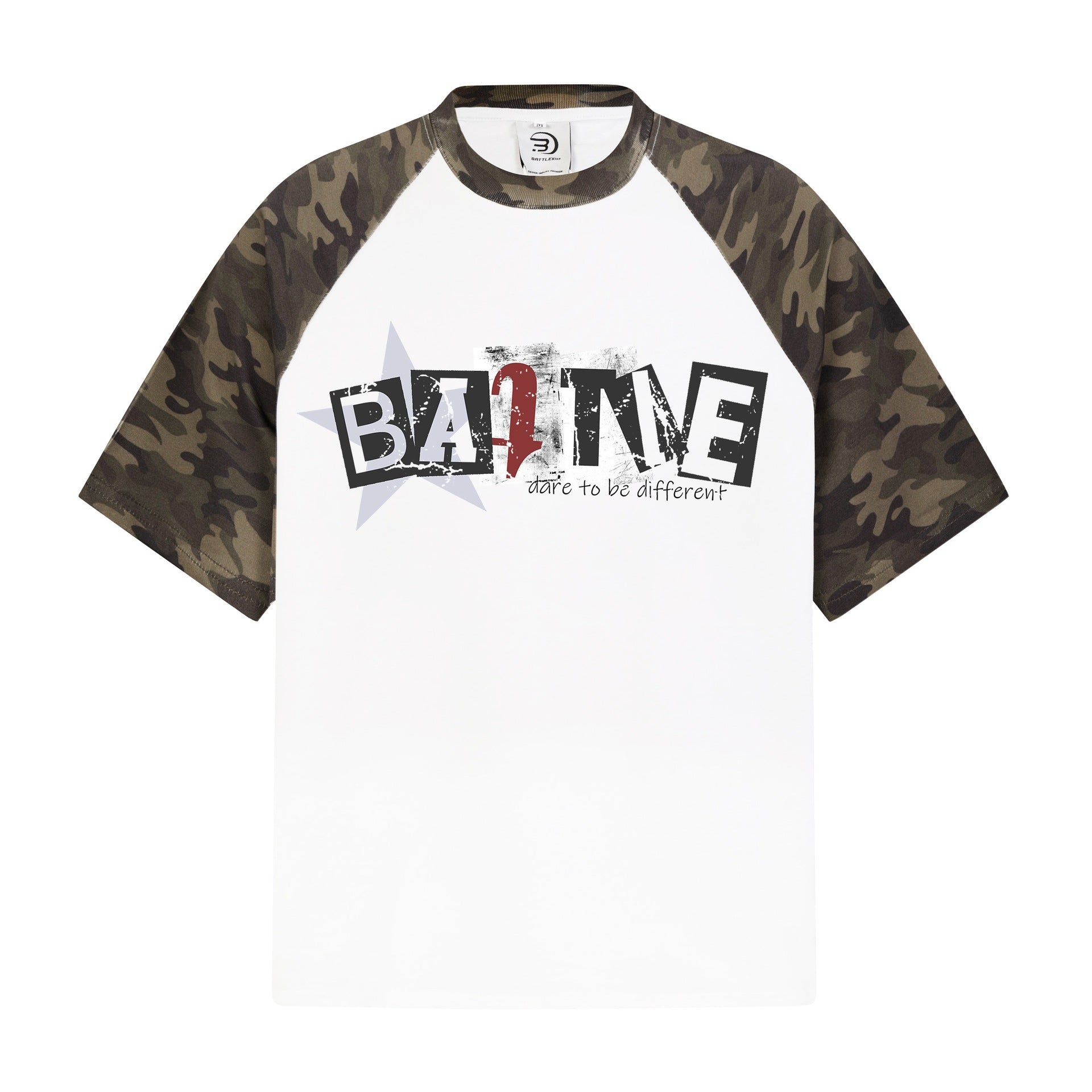 Alphabet Print Camouflage Cotton Loose Fit T Shirt Round Neck Short Sleeve