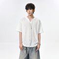 White Textured Hollow Out V Neck Short Sleeve Loose Fit T Shirt For Men