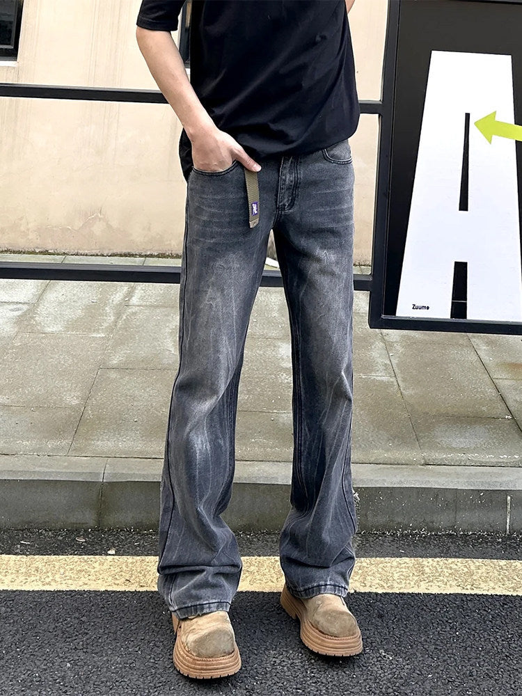 Mens Straight Loose Denim Pants Washed Catwhisker Mid Waist