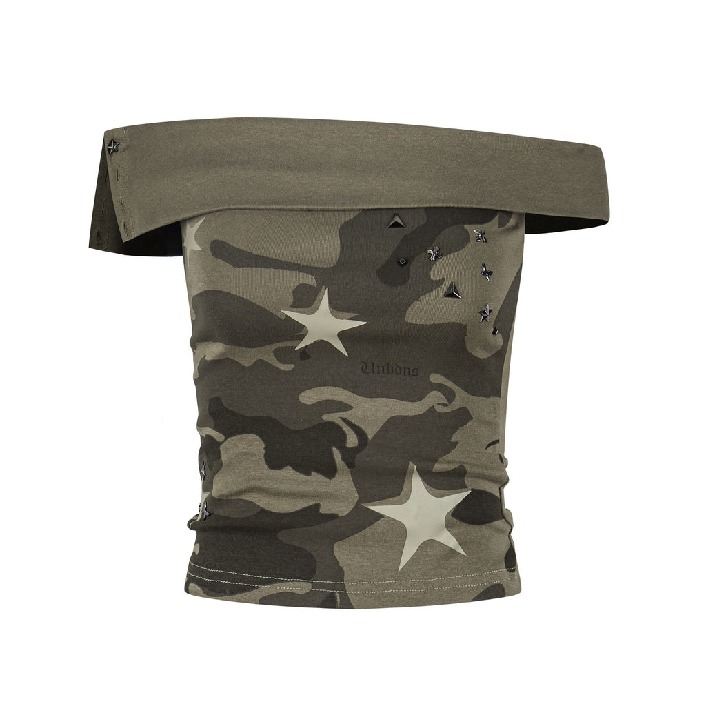 Color Block Off Shoulder Star Print Tee Shirt For Women
